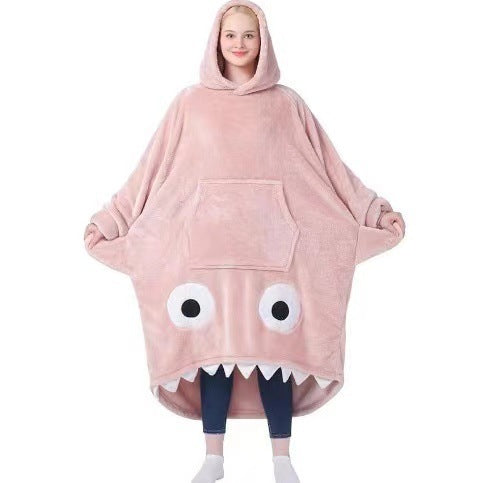 D77 winter flannel robe - big eye embroidered shark cartoon casual hooded sweatshirt cute blanket pajamas