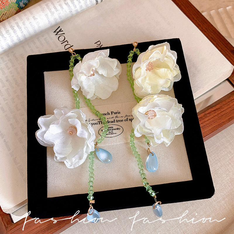 Super fairy white flower beaded tassel earrings for women classy atmosphere exaggerated earrings summer seaside photo accessories