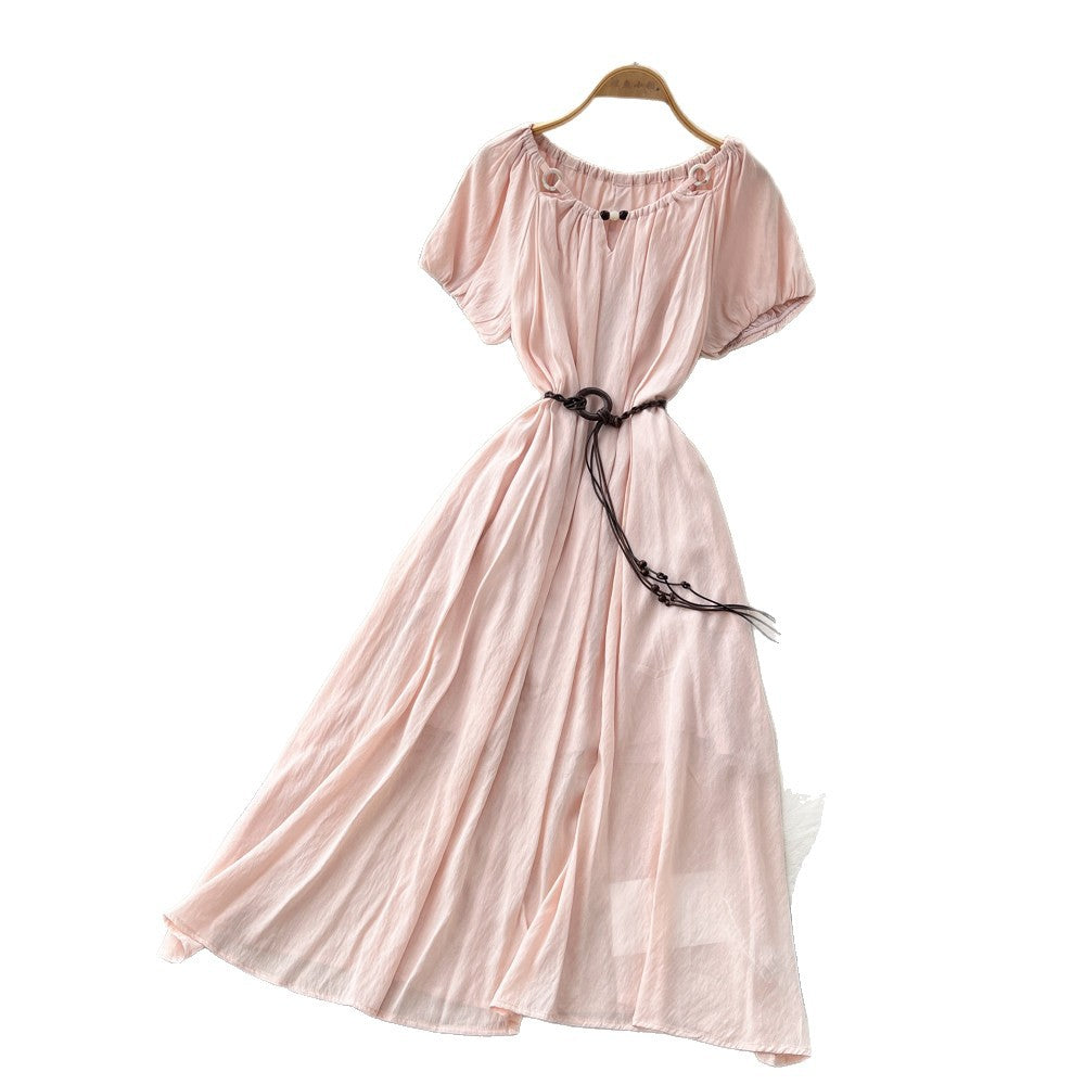 French chic yellow a-line dress - short sleeve, tie-waist, flowy maxi dress for women