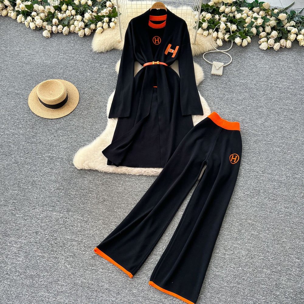 European and american fashion color block crew neck short sleeve knit top + cinched waist longline outerwear jacket + high-waisted pants three-piece set