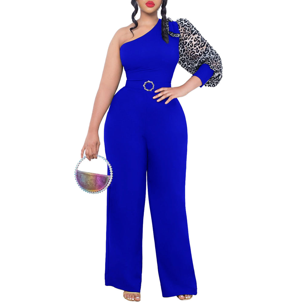 D405p with belt independent station foreign trade women's clothing slanted shoulder sexy waist elegant wide leg large size european and american jumpsuit