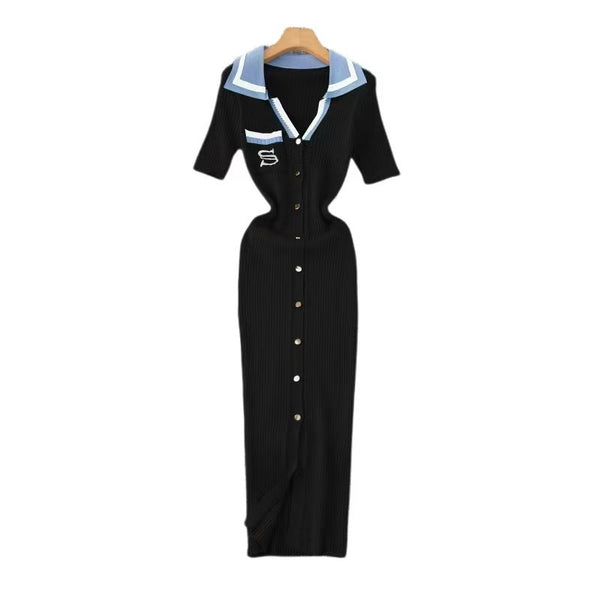 2025 autumn and winter new French small fragrance contrast color embroidery Polo collar long sleeve knitted dress slim temperament long dress