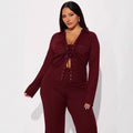 autumn women's casual turn-down collar long sleeve tie-front shirt and pants set - summer outfit