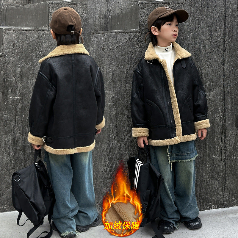 Baby boy winter casualoutwearnew arrivalchildren's stylefleece-linedthickenedboysjackettopstrendy