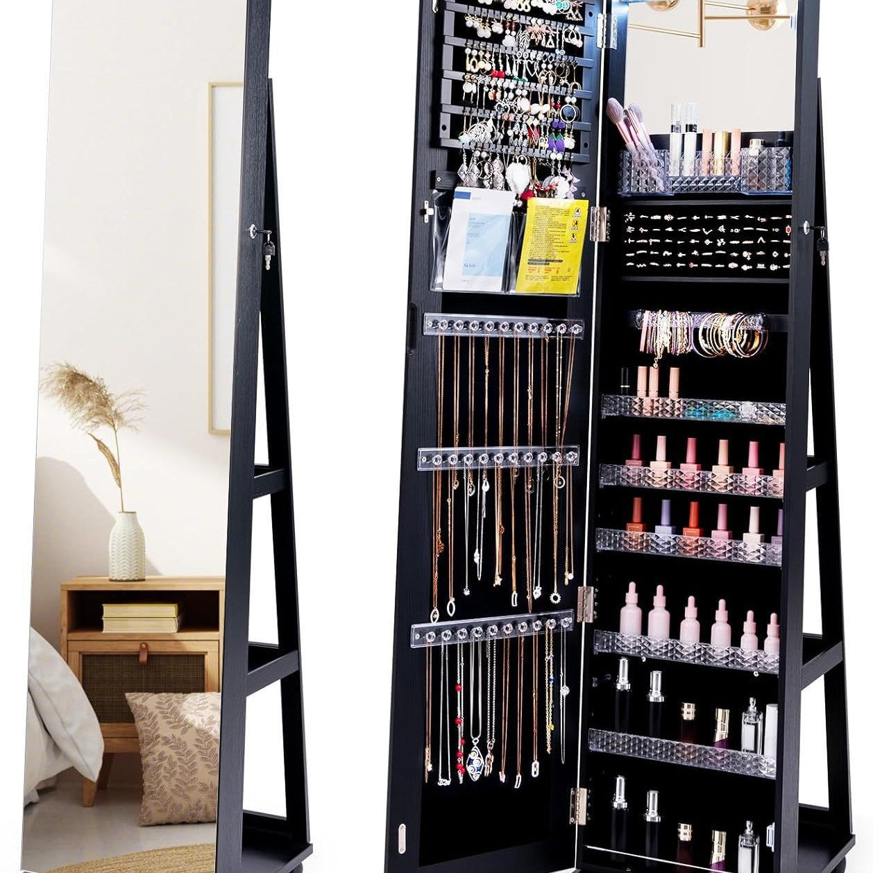 Solid wood rotating floor full body smart mirror jewelry storage cabinet bedroom wear fitting clothes makeup mirror with storage