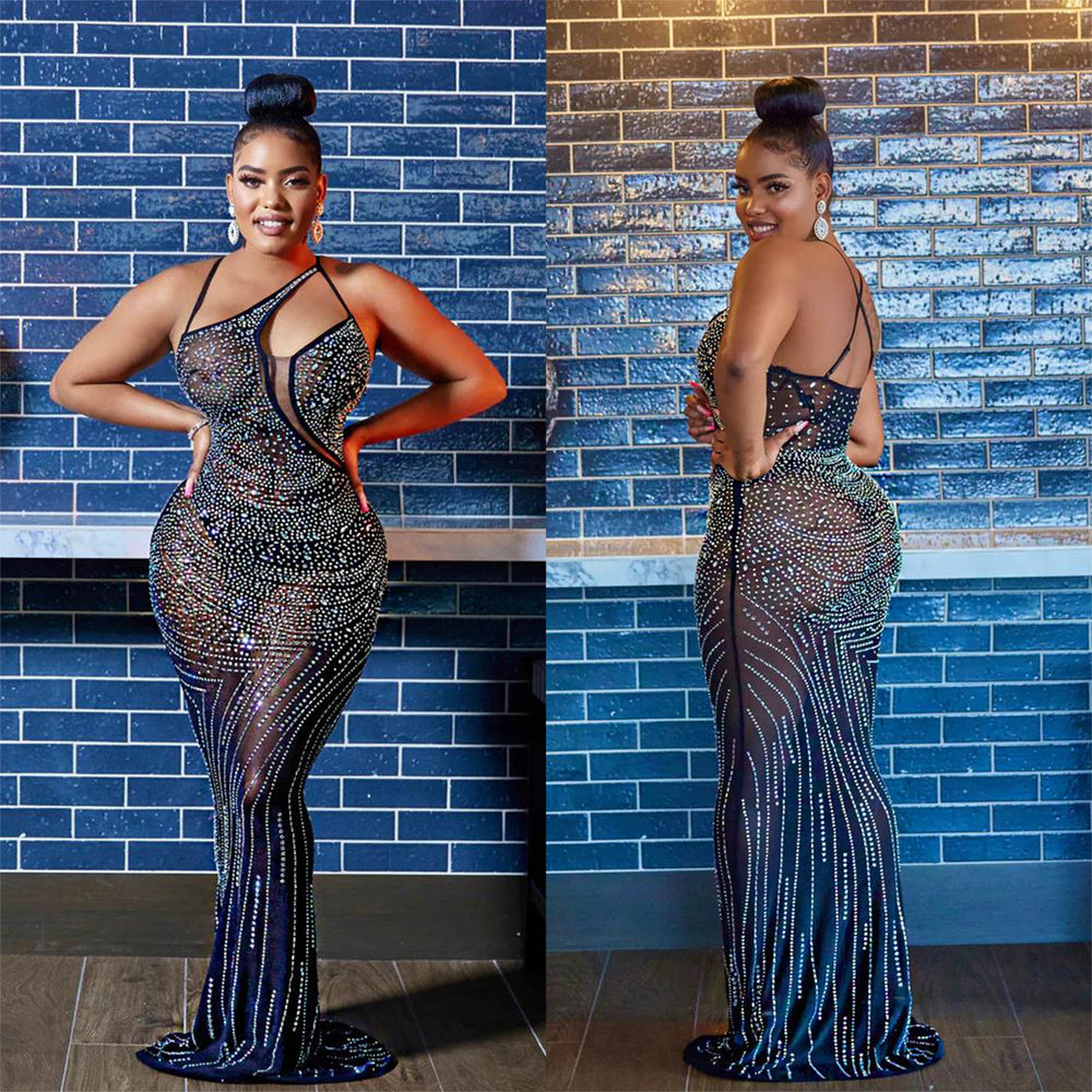 C6075 cross-border   fashion women's mesh rhinestone sleeveless v-neck maxi dress