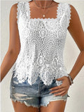 Women's elegant square neck lace cutout sleeveless top - breathable summer blouse solid color fashion vest european and american style