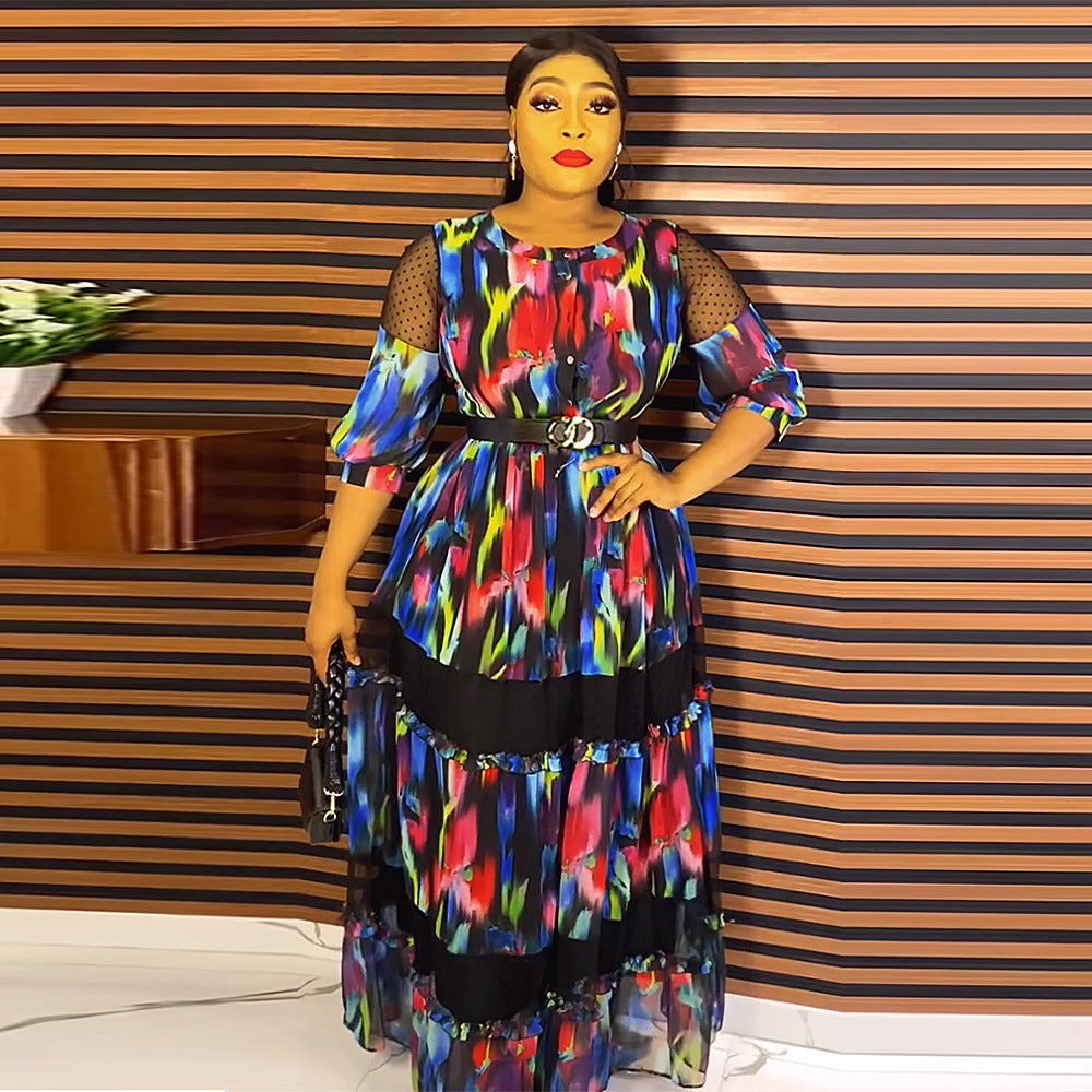 new cross-border spring/summer european and american style floral dress, african  fashion long printed dress