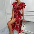 Amazon  european and american cross-border women's sexy deep v lace-up waist bestseller floral print vacation maxi dress