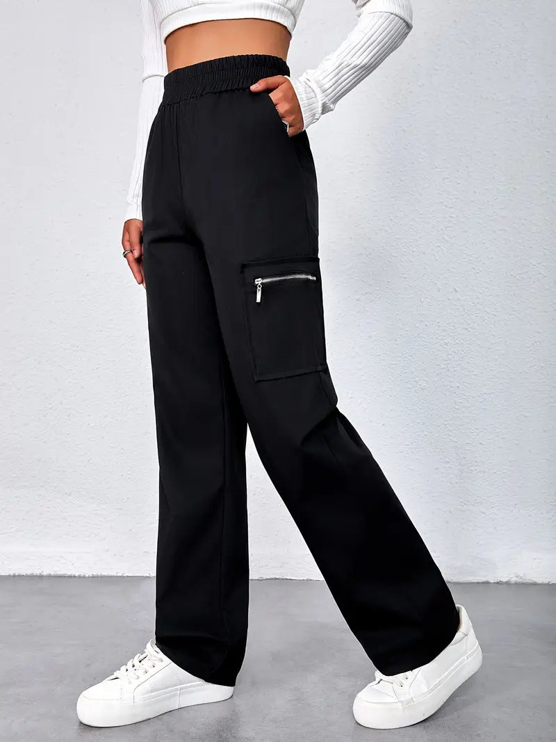 Ready-to-ship  spring/summer new arrival: trendy high-waisted cargo pants with zipper pockets, street style straight-leg casual trousers