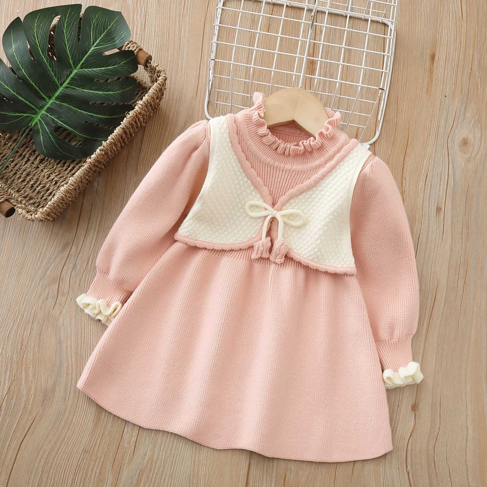 Girls' knit dress - new autumn/winter collection: stylish princess dress for baby girls, faux two-piece cardigan knit dress