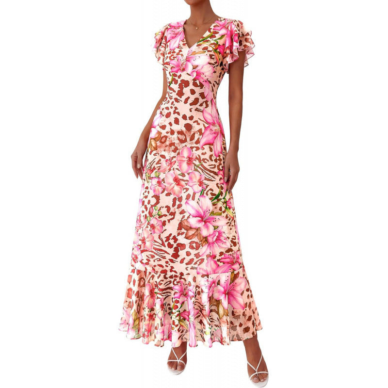 Summer floral maxi dress  spring short sleeve ruffle v-neck flowy bohemian beach vacation sundress
