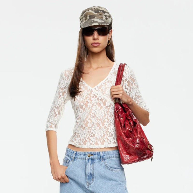 European and american style cross-border women's clothing  summer new v-neck waist-cinching lace sexy short-sleeve patchwork t-shirt top wholesale