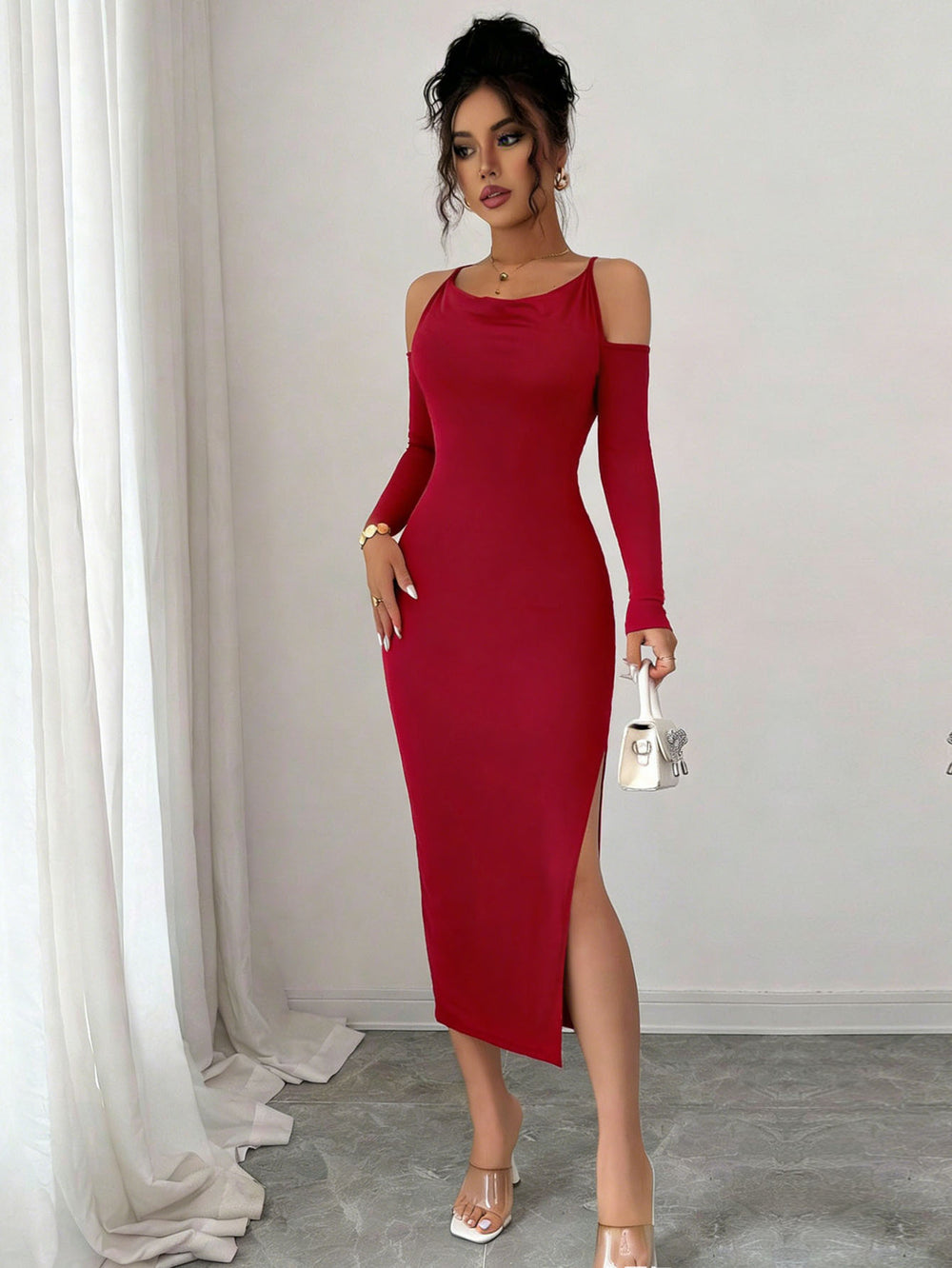 fashionclassy off-shoulder dress silmslimming look slit hip-covering long sleeves banquet dress mid-length skirt