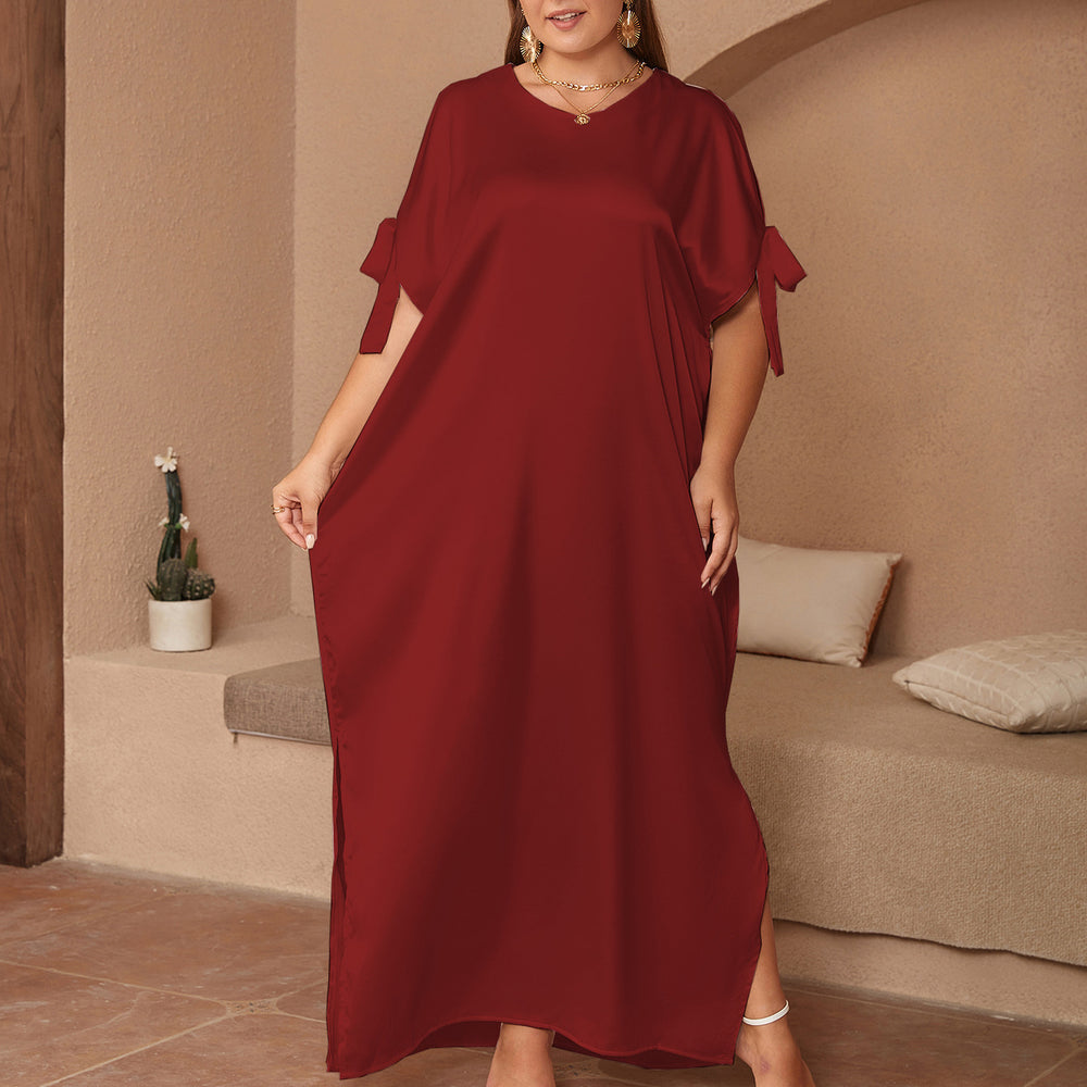 plus size women's solid color round neck bow slit maxi dress - loose fit robe, elegant and comfortable