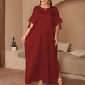 plus size women's solid color round neck bow slit maxi dress - loose fit robe, elegant and comfortable