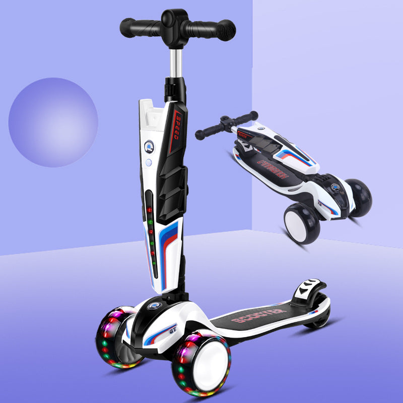Children's four-wheel flash scooter, adjustable height 2-6 years old children's toy scooter one-click folding car