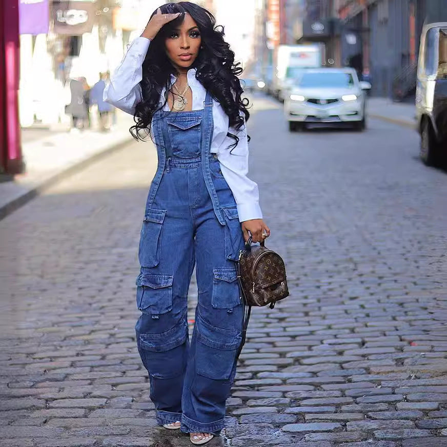 European and american style loose denim overalls -  cross-border women's spring streetwear fashion multi-pocket jumpsuit