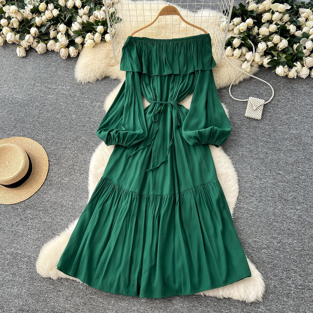 French chic one-shoulder ruffle trim lantern sleeve bodycon midi dress