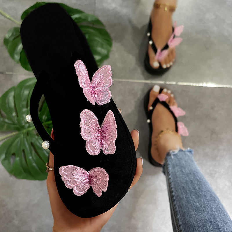 2024 summer new korean style wedge heel slippers women's lace butterfly pearl platform thick sole sandals flip flops