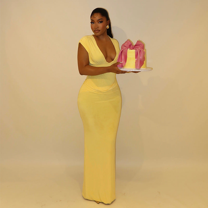 European and american women's clothing  autumn new sweet and fresh deep v-neck high-waisted slimming bodycon maxi dress