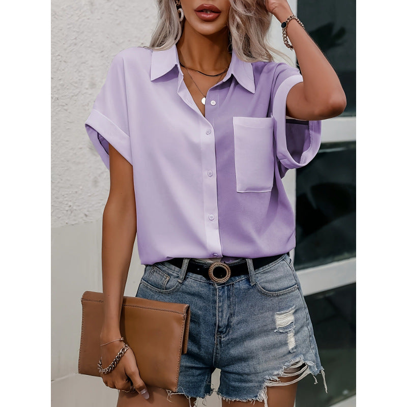 hot selling fashionpure colorpatchworkcontrast color bat sleeve short sleeve shirt tops women's shirt