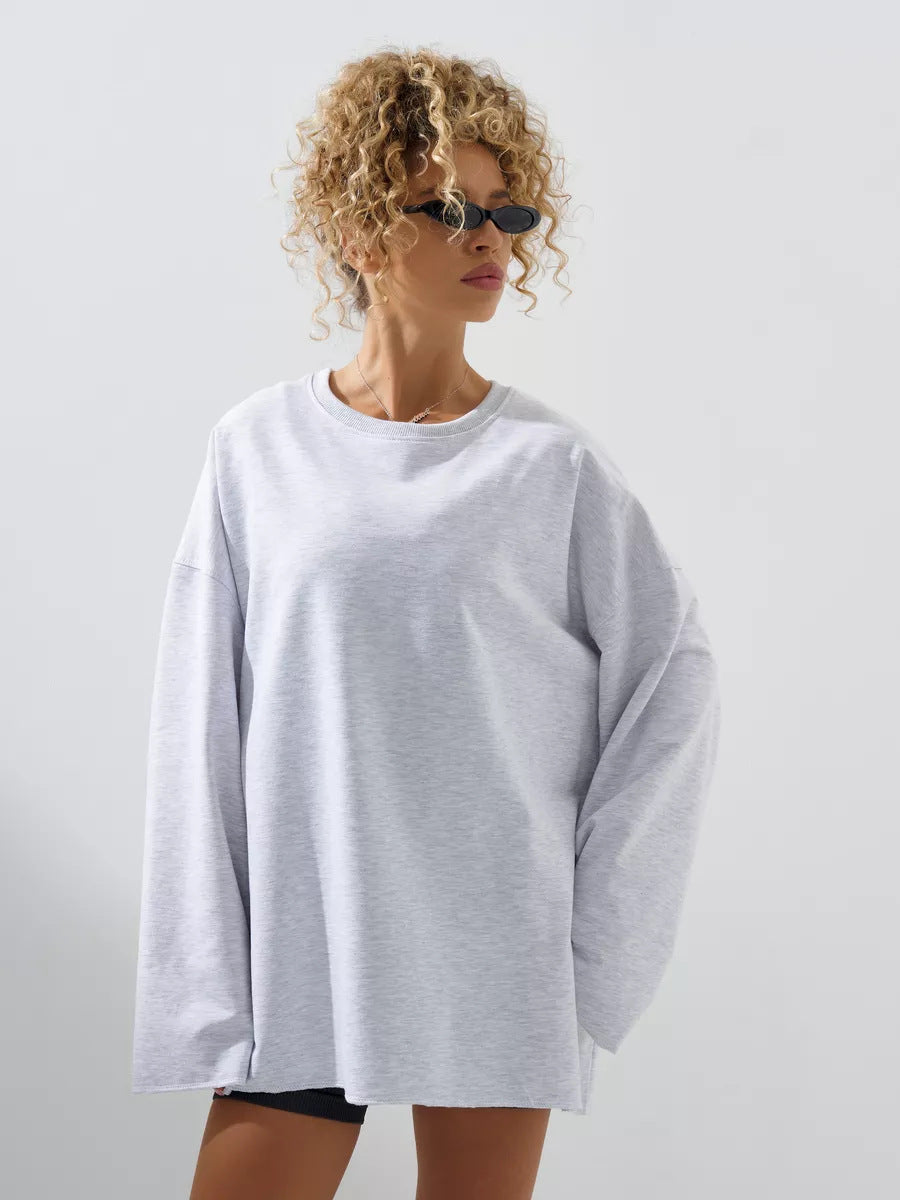 European and American  new women's clothing spring and autumn loose solid color Oversize round neck long-sleeved casual T-shirt fashion sweater women