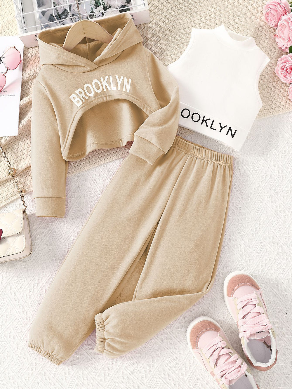 spring girls' casual three-piece set: pink hooded sweatshirt, high-neck tank top, letter print sweatshirt, and pants