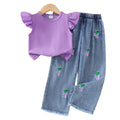 Kids clothing cross-border exclusive iexport fashion children's clothing new arrival children's flying sleeve t-shirt + blue pants
