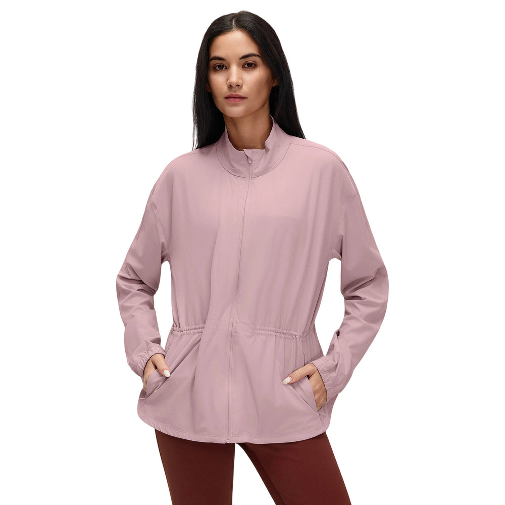 New drawstring waist stand collar jacket top - casual, loose fit, versatile yoga & fitness activewear outerwear d26007