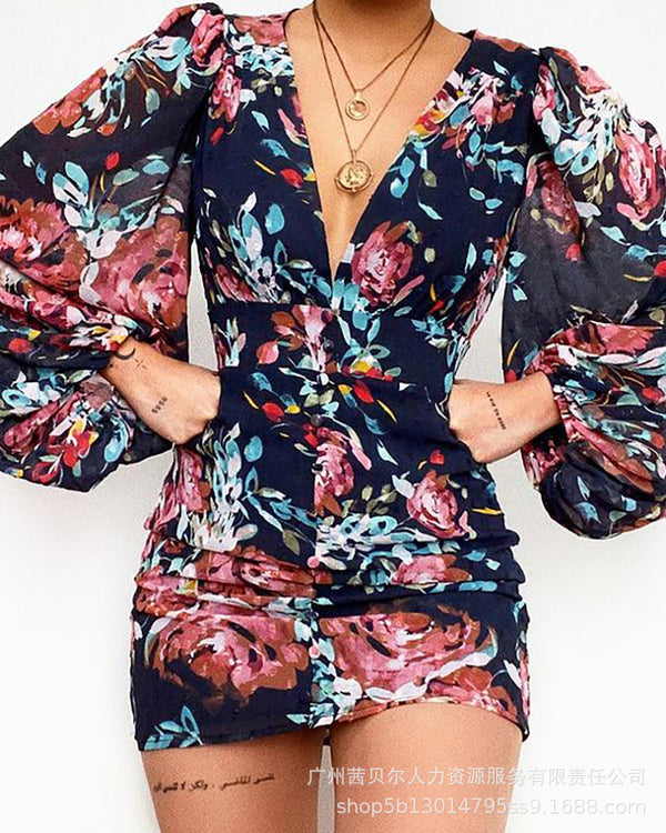 LZI0746 Spot Foreign Trade-2022 European and American new navy blue flower V-neck long-sleeved mini skirt
