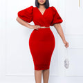 D411export women's summer new style puff sleeves v neck hip-covering professional ol elegant african fashion dress