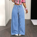 Fashionjeans women's light blue washed placket buttoned stylish slit high waistloose floor-length wide-leg denim pants