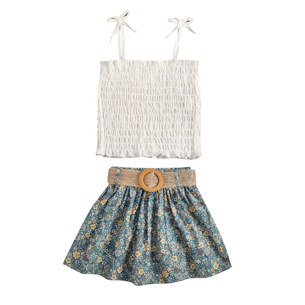 summer new arrival: sweet and fresh e-commerce style girls' two-piece set - floral print camisole and pleated mini skirt