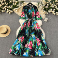 European and american high-end elegant dress - new women's beaded round neck short sleeve cinched waist loose pleated printed maxi dress