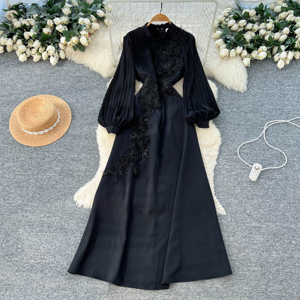 French chic flared sleeve maxi dress with 3d floral embroidery - high waist, slimming a-line silhouette