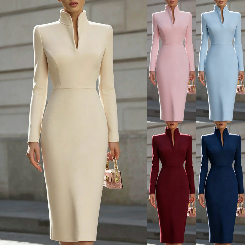 European and american new arrival: slim-fit solid color stand collar long sleeve elegant commute dress / formal dress