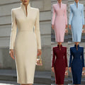 European and american new arrival: slim-fit solid color stand collar long sleeve elegant commute dress / formal dress