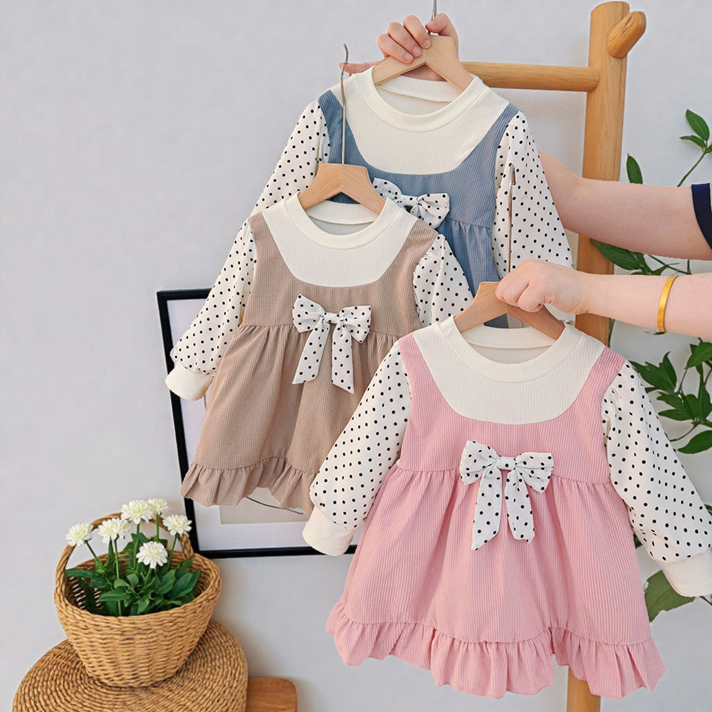 Girls' korean style round neck bowknot patchwork long sleeve dress - stylish princess dress for toddlers and first birthday celebrations