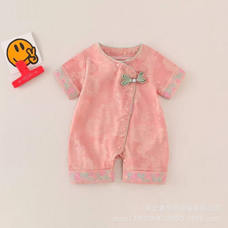 Summernew arrival baby chinese style lace jumpsuit for men and women baby dragon and phoenix printing festive auspicious hundred days crawling suit