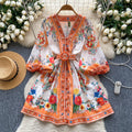 spring new arrivals: european and american style location print, slimming a-line v-neck single-breasted lantern sleeve mini dress