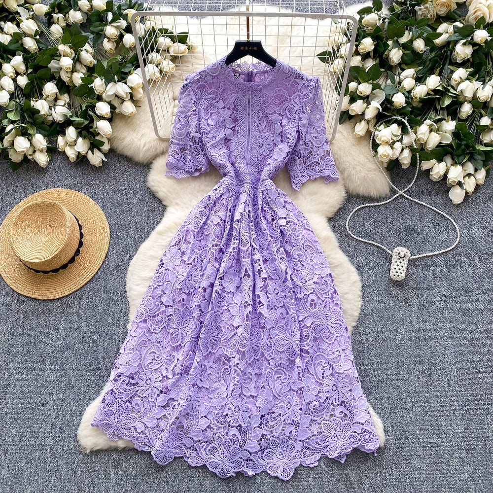 Frenchclassy sense cut out crochet lace short-sleeved dress women's summer waist slimming lookeleganta word dress