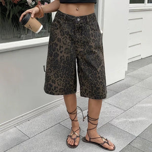 Leopard print denim shorts - women's european & american street style, high-waisted, loose fit, washed straight-leg, mid-length shorts - cross-border fashion