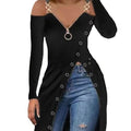 european and american spring/autumn women's fashion solid color off-the-shoulder v-neck long sleeve high slit ribbed zipper t-shirt