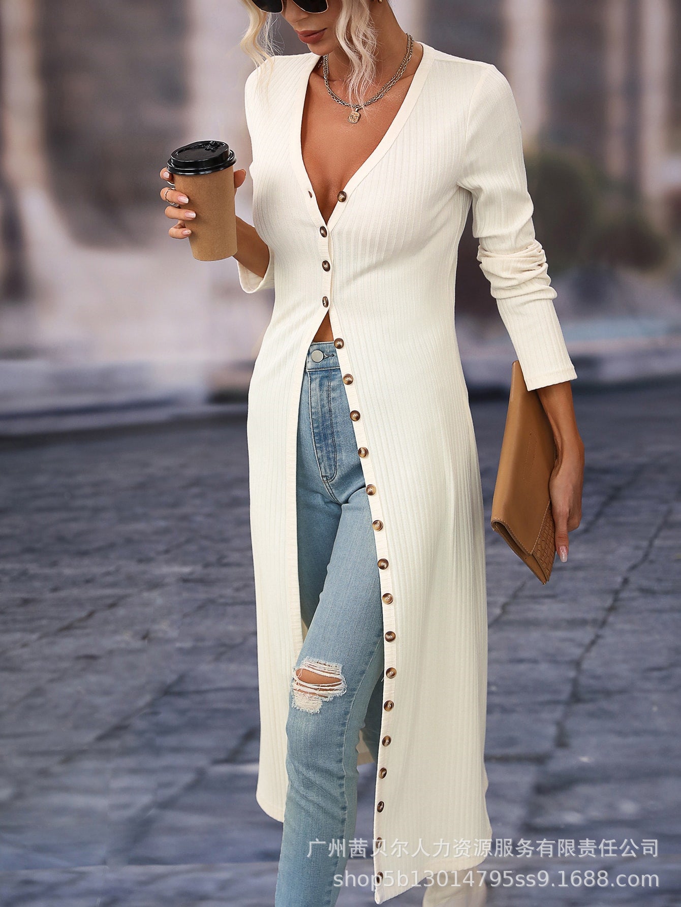 Shangxin Foreign Trade 2023 European and American Button Long Pit Strip Thin Jacket Open Dress