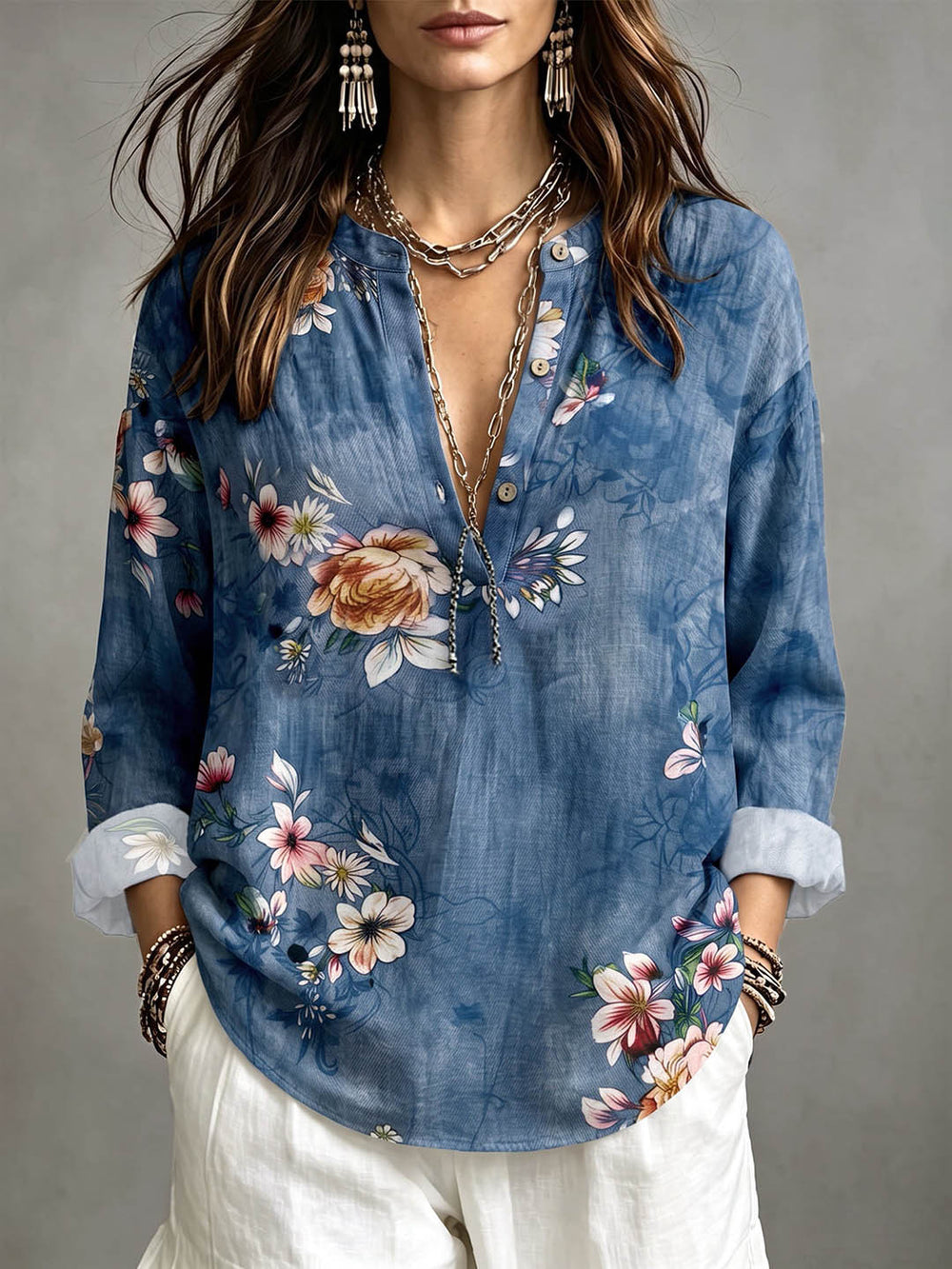 Women's bohemian style vacation shirt - blue floral print, flowy, loose fit, long sleeve pullover blouse - wholesale supply