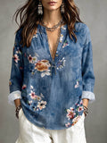 Women's bohemian style vacation shirt - blue floral print, flowy, loose fit, long sleeve pullover blouse - wholesale supply
