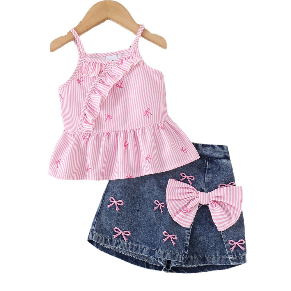 Export cross-border children's clothing girl printing suspender suit summernew arrivalembroider denim skirt and pants two-piece set