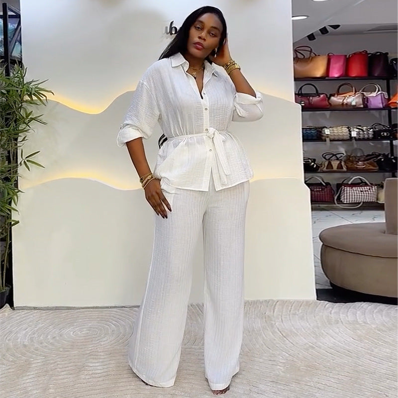European and american style women's clothing  spring new collection: sweet and fresh turn-down collar single-breasted long sleeve blouse and high-waisted straight-leg pants two-piece set