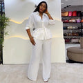 European and american style women's clothing  spring new collection: sweet and fresh turn-down collar single-breasted long sleeve blouse and high-waisted straight-leg pants two-piece set